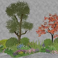 Green Tree And Red Leaf Tree With Shrubs Various Flowers Against Gray Wall