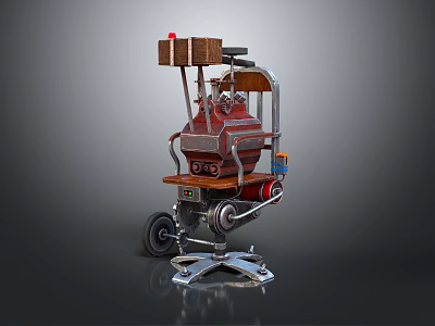 Red Brown Mechanical Cart With Metal Structure Wheels And Top Red Button 3d model