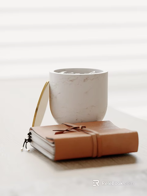 Decorative Ornament Set With White Marble Cup Gold Round Decor And Brown Leather Notebook 3d model 