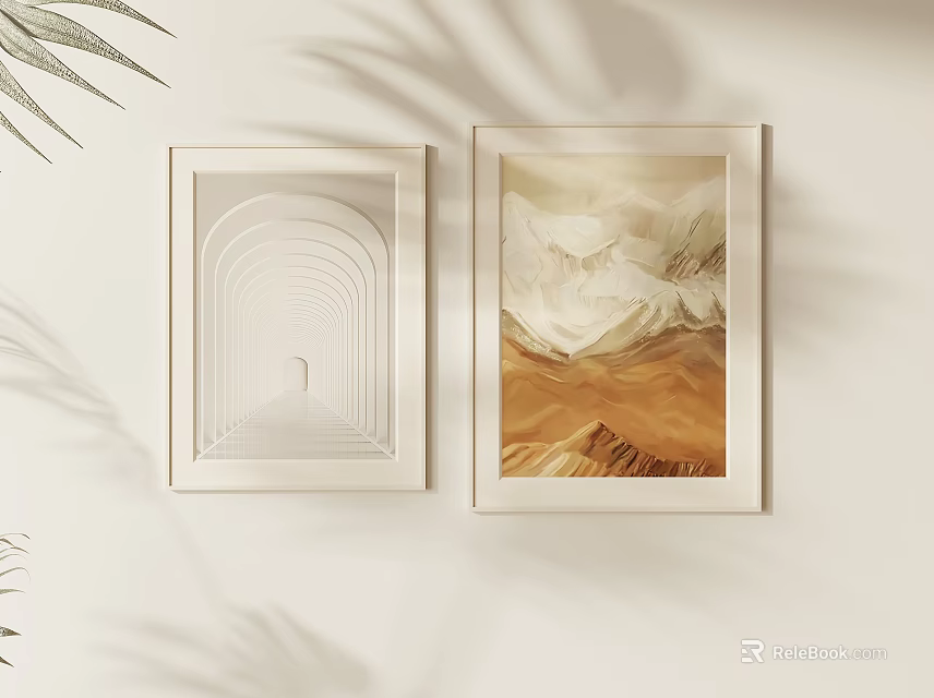 Two Framed Wall Artworks Featuring Abstract Tunnel And Mountain Landscape On Light Wall 3d model 
