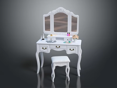 Classic White Dressing Table With Triple Mirror Carved Details And Matching Stool 3d model