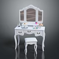 Classic White Dressing Table With Triple Mirror Carved Details And Matching Stool