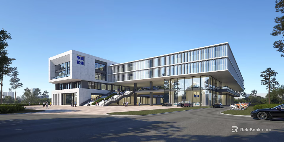 Modern Multi Story Office Building With Glass Curtain Wall And Entrance Plaza 3d model 