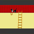 Two Black Cats Playing On Red Roof With Falling Stars And Wooden Ladder
