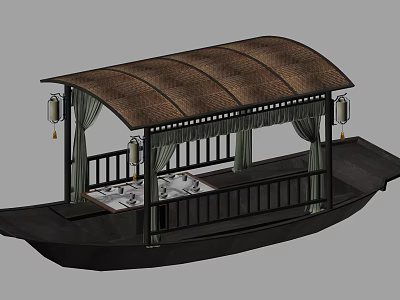Traditional Style Boat With Thatched Roof Curtains Lanterns And Beds 3d model