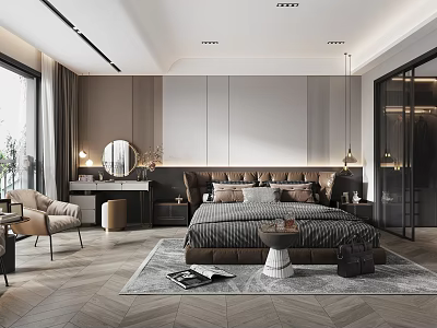 Modern Bedroom Interior With King Size Bed Upholstered Headboard Herringbone Flooring And Large Window 3d model