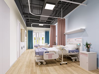 Modern Hospital Patient Room Interior With Adjustable Beds Wooden Floor And Colorful Curtains 3d model
