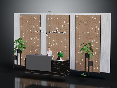Modern Reception Furniture With Wooden Texture Wall Panels And Green Plants 3d model