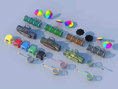 Colorful Household Supplies With Rainbow Umbrellas Various Colored Vehicles Rolled Items And Small Tools 3d model