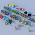 Colorful Household Supplies With Rainbow Umbrellas Various Colored Vehicles Rolled Items And Small Tools