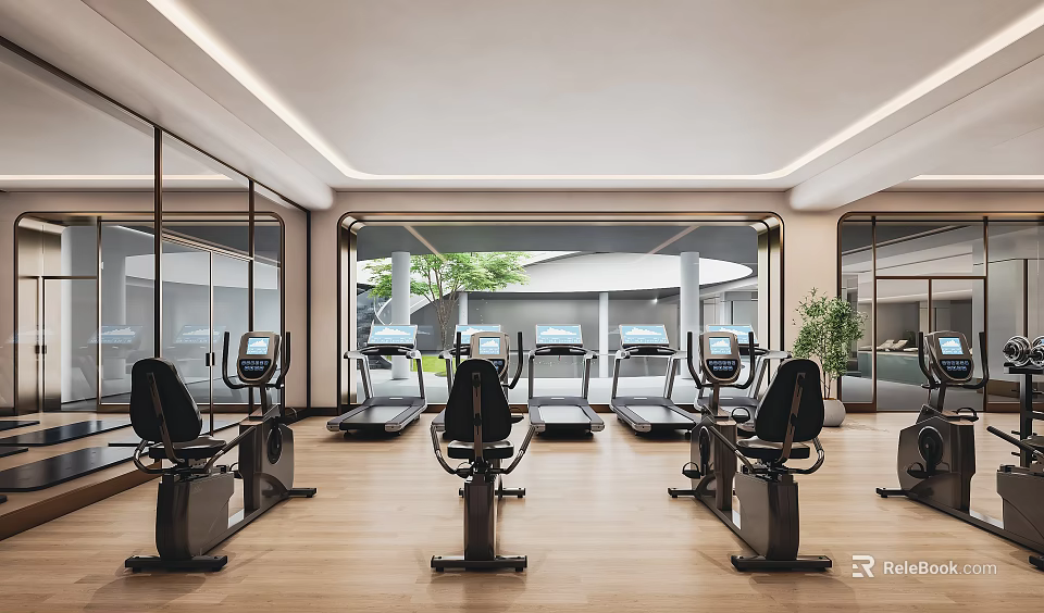 Modern Fitness Gym Interior With Spin Bikes Treadmills Glass Walls And Natural Light 3d model 