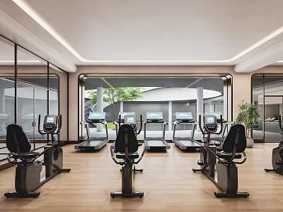 Modern Fitness Gym Interior With Spin Bikes Treadmills Glass Walls And Natural Light 3d model