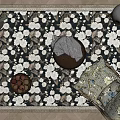 Square Area Rug with White Floral Design on Dark Background and Fruit Bowl Round Stool