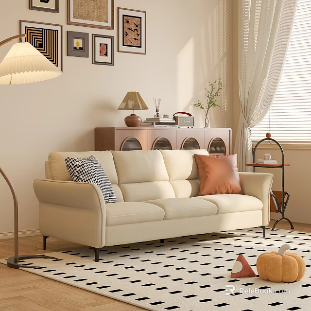 Cozy Living Room Interior With Beige Sofa Throw Pillows Floor Lamp Wooden Cabinet And Rug 3d model 