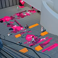 Modern Tobacco and Liquor Store Space with Staircase Pink Decorations and People Walking
