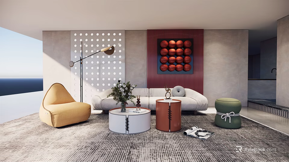 Modern Living Room Interior Design With Sofa Coffee Table Floor Lamp And Decorative Wall 3d model 