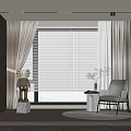 Beige Curtains with Window Blinds in Modern Room Interior Accent Chair and Decorative Items