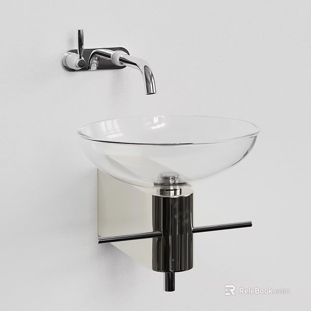 Transparent Glass Bowl Wash Basin With Wall Mounted Silver Faucet And Black Support Column 3d model 