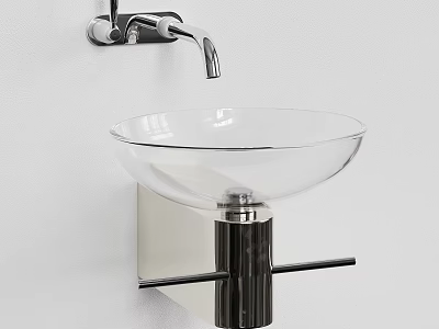Transparent Glass Bowl Wash Basin With Wall Mounted Silver Faucet And Black Support Column 3d model