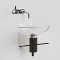 Transparent Glass Bowl Wash Basin With Wall Mounted Silver Faucet And Black Support Column