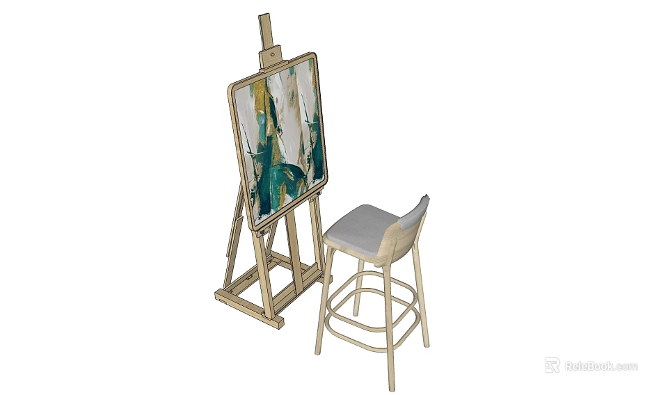 Art Supplies Display with Wooden Easel Artwork and Bar Stool in Studio Space 3d model 