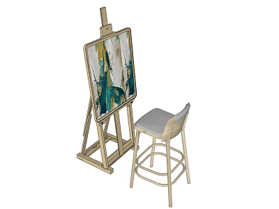 Art Supplies Display with Wooden Easel Artwork and Bar Stool in Studio Space 3d model