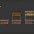 Three Wooden Market Stalls With Red Thatched And Flat Roof Structures