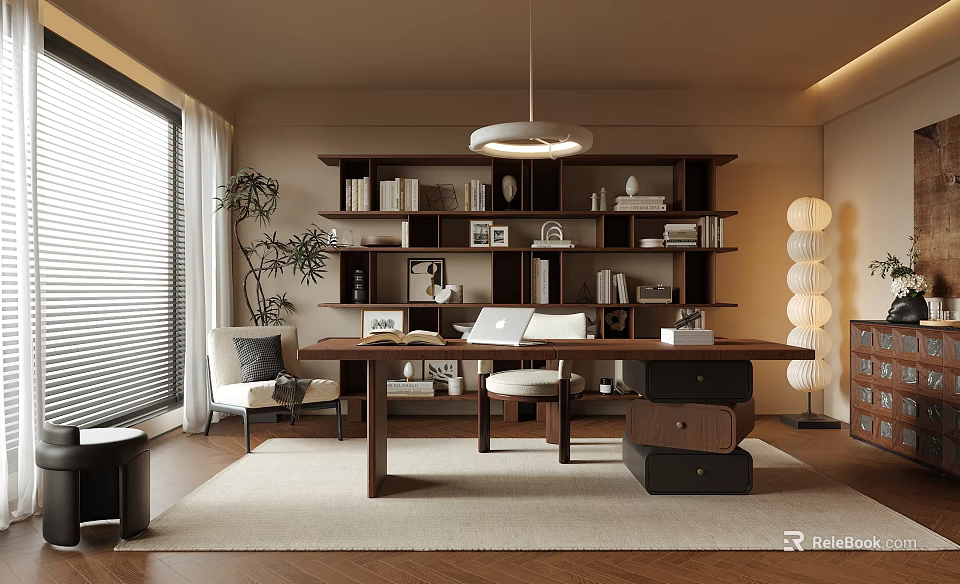 Modern Home Office Interior With Wooden Bookshelves Desk Chair And Pendant Light 3d model 