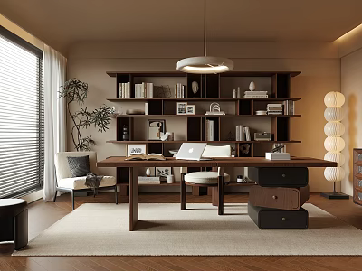 Modern Home Office Interior With Wooden Bookshelves Desk Chair And Pendant Light 3d model