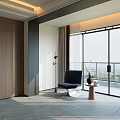 Modern Lounge Chair In Minimalist Interior With Large Windows Wooden Wall And Gray Floor