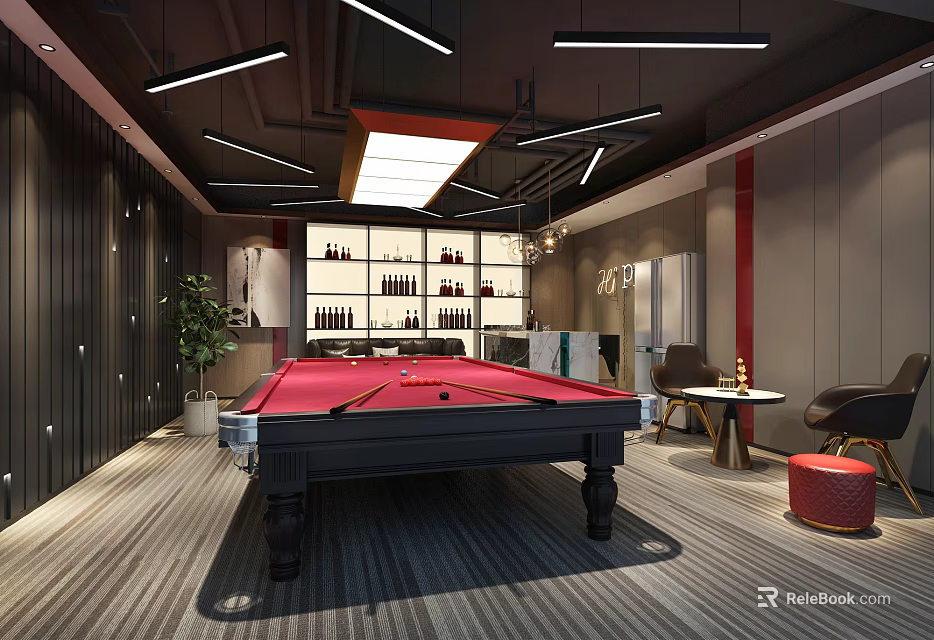 Modern Billiard Room With Red Pool Table Cues Wine Racks And Lighting 3d model 
