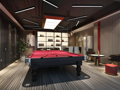 Modern Billiard Room With Red Pool Table Cues Wine Racks And Lighting 3d model
