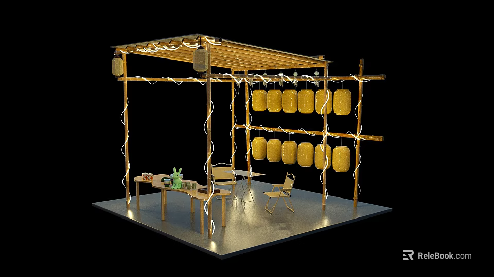 Wooden Pavilion With Hanging Lanterns Decorative String Lights And Outdoor Seating 3d model 