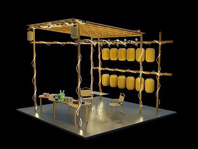 Wooden Pavilion With Hanging Lanterns Decorative String Lights And Outdoor Seating 3d model