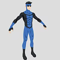 Muscular Man in Blue Bodysuit with Black Accents Standing with Arms Outstretched Wearing Sunglasses