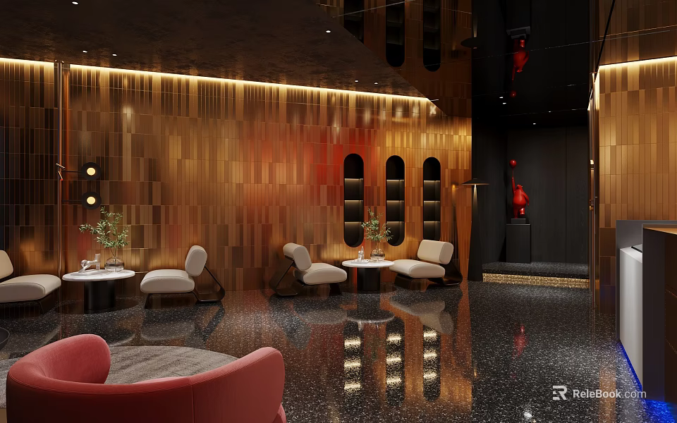 Elegant Modern Hotel Lobby Interior With Wooden Panel Walls Red Sculpture And Ambient Lighting 3d model 