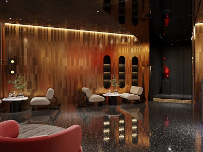Elegant Modern Hotel Lobby Interior With Wooden Panel Walls Red Sculpture And Ambient Lighting 3d model