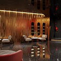 Elegant Modern Hotel Lobby Interior With Wooden Panel Walls Red Sculpture And Ambient Lighting