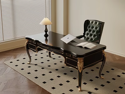 Classic Black Desk With Gold Accents Black Leather Chair Lamp Open Book And Wooden Floor 3d model