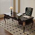Classic Black Desk With Gold Accents Black Leather Chair Lamp Open Book And Wooden Floor
