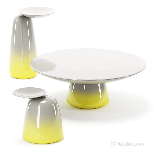 Stylish White Round Coffee Table With Gray Yellow Gradient Base And Decorative Vases 3d model
