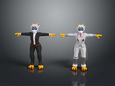 Anthropomorphic Cartoon Characters With Horns Yellow Claws And Black White Costumes 3d model