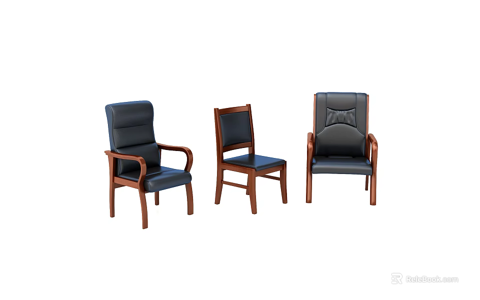 Three Comfortable Office Chairs with Wooden Legs Leather Seats and Armrests 3d model 