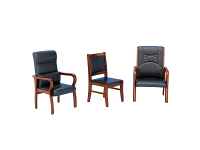 Three Comfortable Office Chairs with Wooden Legs Leather Seats and Armrests 3d model