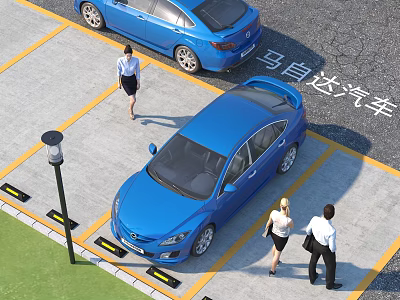 Blue Mazda Cars Parked in Parking Lot with Yellow Lines and People Walking 3d model