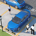 Blue Mazda Cars Parked in Parking Lot with Yellow Lines and People Walking