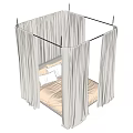 Stylish Double Bed Interior With White Draped Curtains And Beige Bedding 3d model