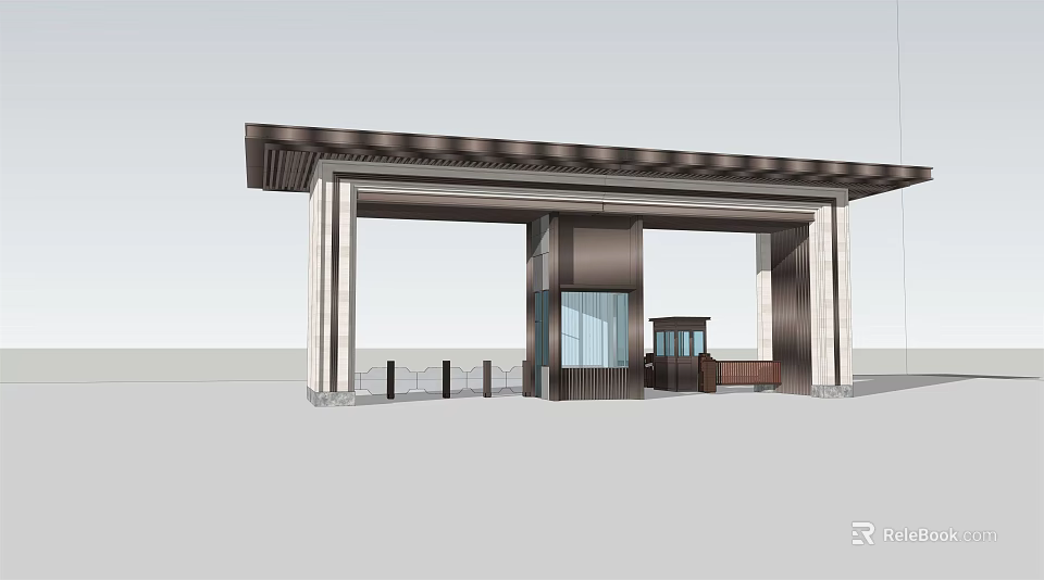 Modern Entrance Gate With Canopy Structure Stone Columns And Glass Front Security Booth 3d model