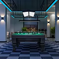 Modern Billiard Room Interior With Multiple Pool Tables And City Night View Lighting