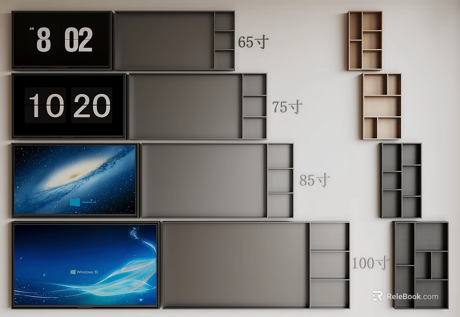 Modern TV Wall Design With Different Sizes Flat Screen TVs And Side Shelves 3d model 